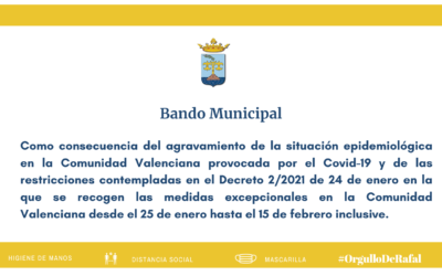 Bando Municipal con medidas excepcionales frente al COVID-19 en la Comunidad Valenciana hasta el 15 de febrero de 2021
