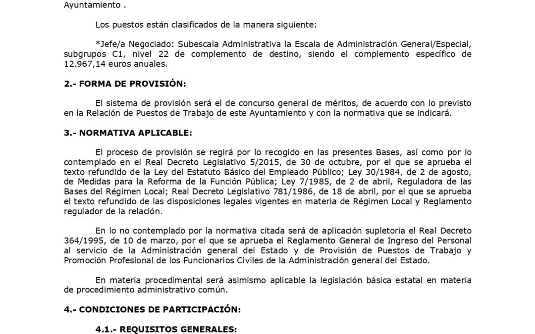 Convocatoria y bases para cubrir 2 puestos de jefe/a de Negociado de Área