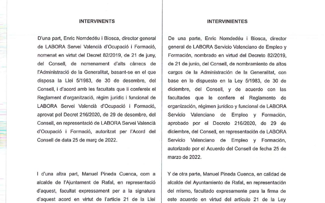 El Ayuntamiento de Rafal y GVA Labora renuevan su acuerdo de colaboración