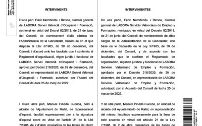Prórroga del acuerdo de colaboración entre LABORA y el Ayuntamiento de Rafal
